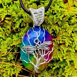 Jewelry, necklace gemstone silver handmade  rainbow solar quartz tree of life